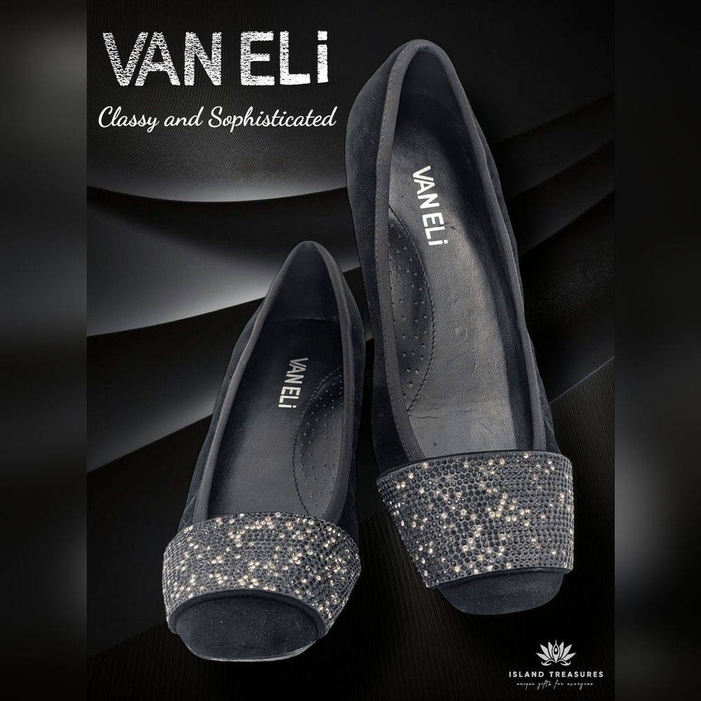 Vaneli Shezan Flats Women Sz 6M Rhinestones Accents Black Suede Upper Cushioned